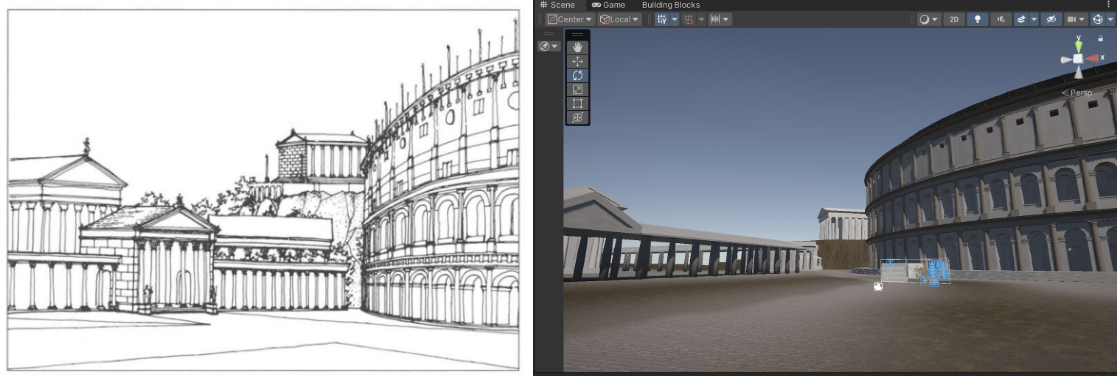 Academic illustration beside a digital reconstruction of the Theater of Marcellus