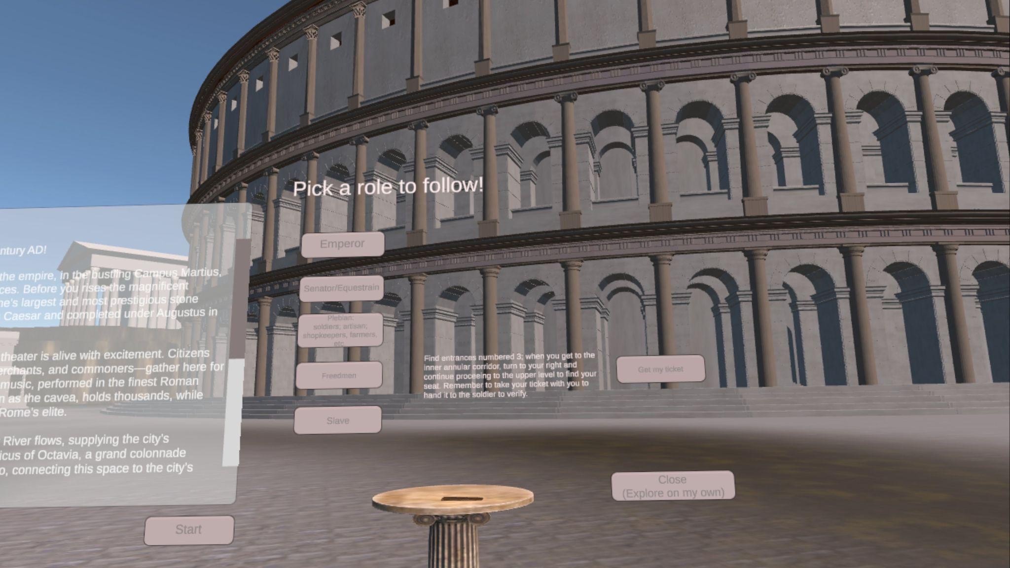 Role selection menu in the Theater of Marcellus experience