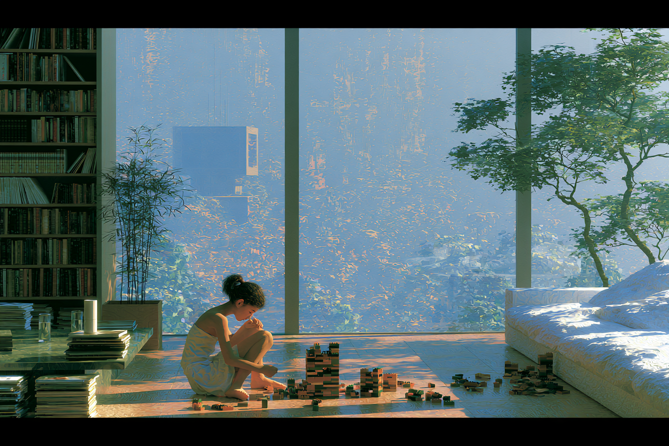 A sunlit studio, books, and a child building a miniature city by the window